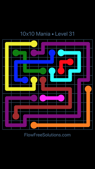 Solution and Answer to the Puzzle for Flow Free: Bridges 10x10 Mania Level 31