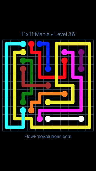Solution and Answer to the Puzzle for Flow Free: Bridges 11x11 Mania Level 36