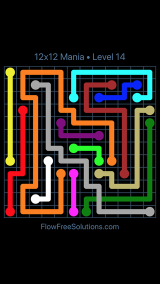 Solution and Answer to the Puzzle for Flow Free: Bridges 12x12 Mania Level 14