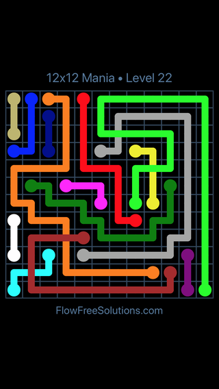 Solution and Answer to the Puzzle for Flow Free: Bridges 12x12 Mania Level 22