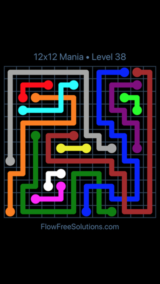 Solution and Answer to the Puzzle for Flow Free: Bridges 12x12 Mania Level 38