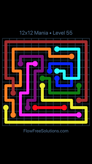 Solution and Answer to the Puzzle for Flow Free: Bridges 12x12 Mania Level 55