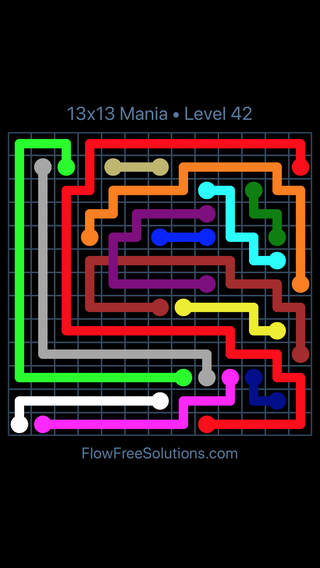 Solution and Answer to the Puzzle for Flow Free: Bridges 13x13 Mania Level 42