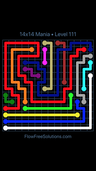 Solution and Answer to the Puzzle for Flow Free: Bridges 14x14 Mania Level 111