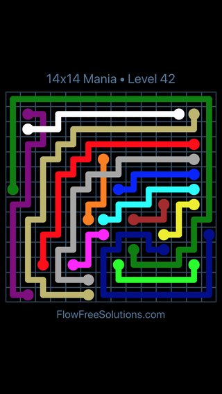 Solution and Answer to the Puzzle for Flow Free: Bridges 14x14 Mania Level 42