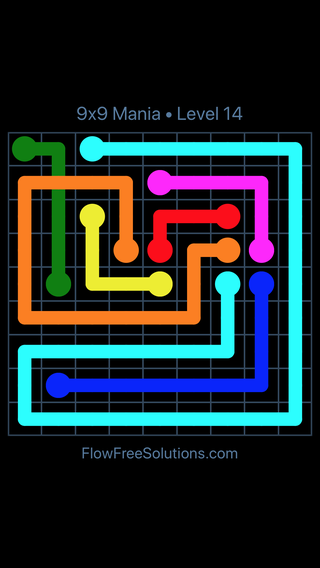 Solution and Answer to the Puzzle for Flow Free: Bridges 9x9 Mania Level 14