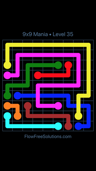 Solution and Answer to the Puzzle for Flow Free: Bridges 9x9 Mania Level 35