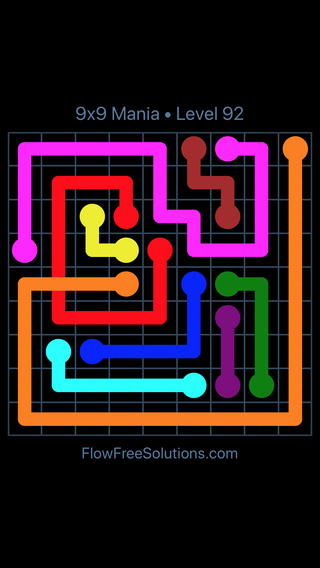 Solution and Answer to the Puzzle for Flow Free: Bridges 9x9 Mania Level 92