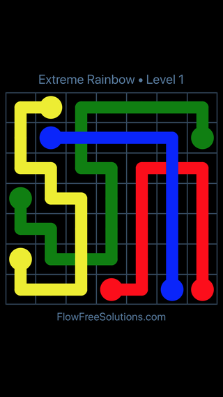 Solution and Answer to the Puzzle for Flow Free: Bridges Extreme Rainbow Pack Level 1
