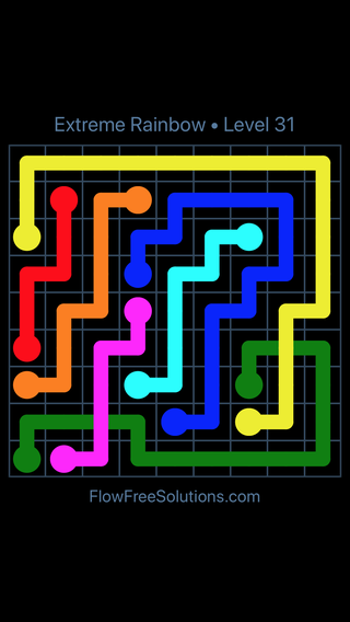 Solution and Answer to the Puzzle for Flow Free: Bridges Extreme Rainbow Pack Level 31