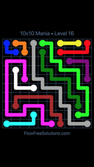 Solution and Answer to the Puzzle for Flow Free 10x10 Mania Level 16