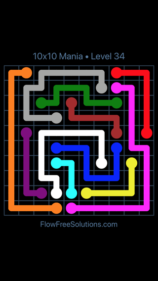 Solution and Answer to the Puzzle for Flow Free 10x10 Mania Level 34