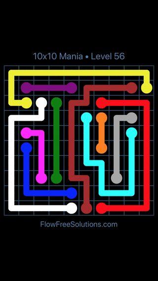 Solution and Answer to the Puzzle for Flow Free 10x10 Mania Level 56