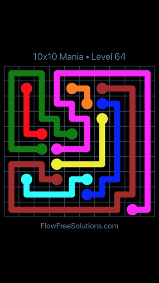 Solution and Answer to the Puzzle for Flow Free 10x10 Mania Level 64