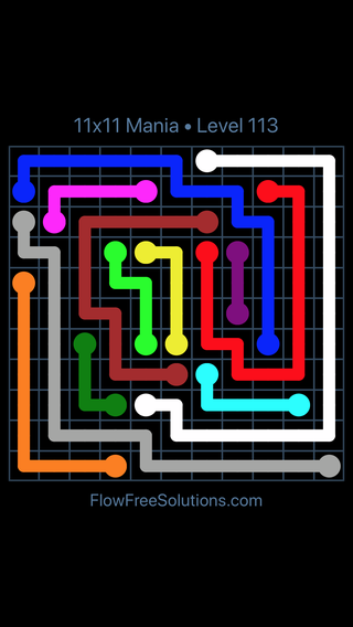 Solution and Answer to the Puzzle for Flow Free 11x11 Mania 11 X 11 Level 113