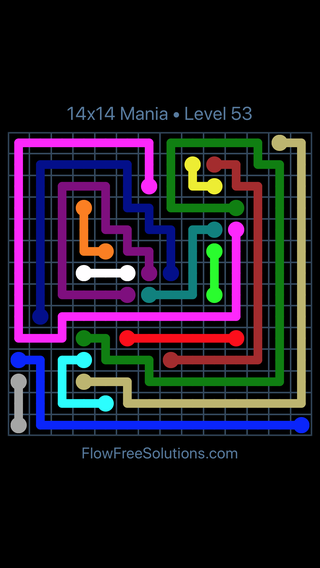 Solution and Answer to the Puzzle for Flow Free 14x14 Mania Level 53