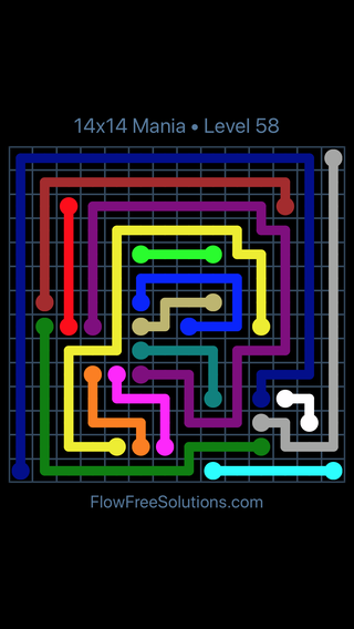 Solution and Answer to the Puzzle for Flow Free 14x14 Mania Level 58