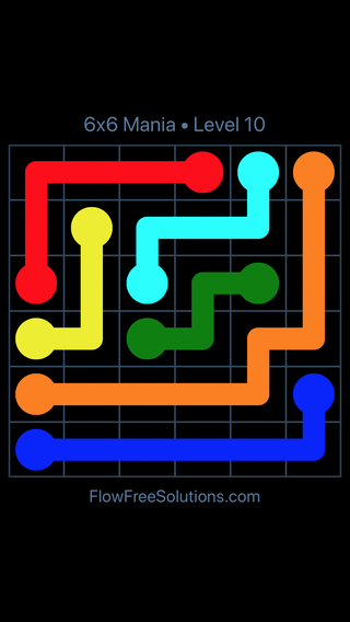 Solution and Answer to the Puzzle for Flow Free 6x6 Mania Level 10