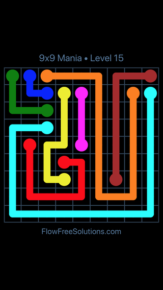 Solution and Answer to the Puzzle for Flow Free 9x9 Mania Level 15