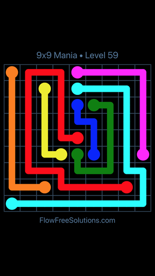 Solution and Answer to the Puzzle for Flow Free 9x9 Mania Level 59