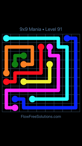Solution and Answer to the Puzzle for Flow Free 9x9 Mania Level 91