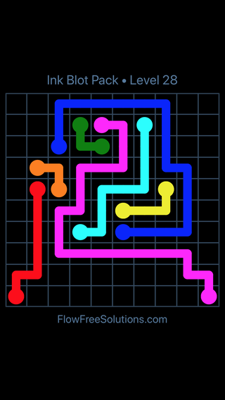 Solution and Answer to the Puzzle for Flow Free Ink Blot Pack Level 28