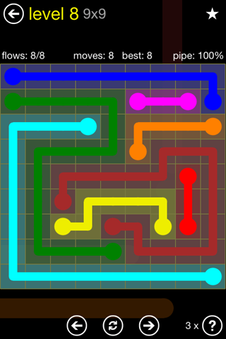 Solution and Answer to the Puzzle for Flow Regular Pack Set 9x9 Level 8
