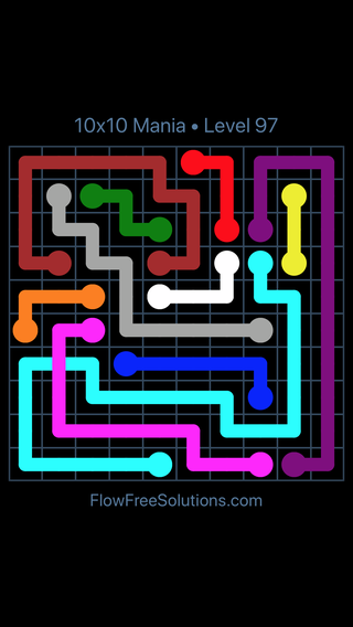 Solution and Answer to the Puzzle for Flow Free: Bridges 10x10 Mania Level 97