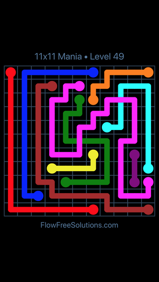 Solution and Answer to the Puzzle for Flow Free: Bridges 11x11 Mania Level 49
