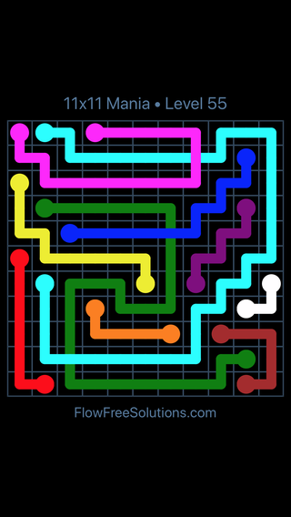 Solution and Answer to the Puzzle for Flow Free: Bridges 11x11 Mania Level 55
