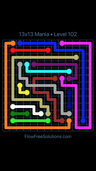 Solution and Answer to the Puzzle for Flow Free: Bridges 13x13 Mania Level 102