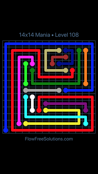 Solution and Answer to the Puzzle for Flow Free: Bridges 14x14 Mania Level 108