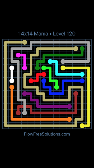 Solution and Answer to the Puzzle for Flow Free: Bridges 14x14 Mania Level 120
