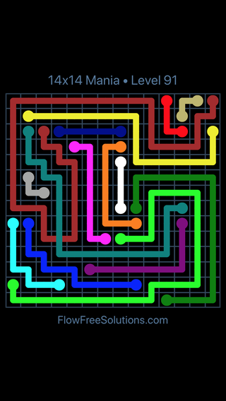 Solution and Answer to the Puzzle for Flow Free: Bridges 14x14 Mania Level 91