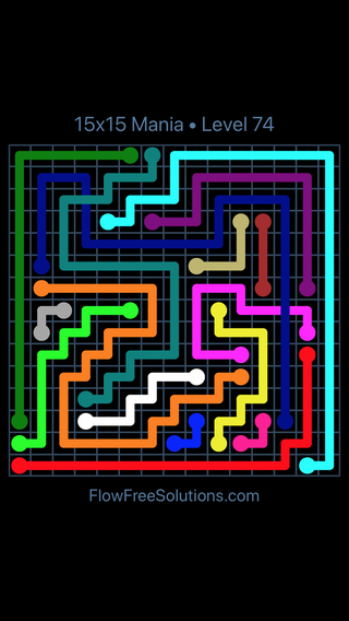 Solution and Answer to the Puzzle for Flow Free: Bridges 15x15 Mania Level 74