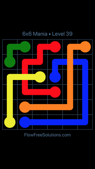 Solution and Answer to the Puzzle for Flow Free: Bridges 6x6 Mania Level 39