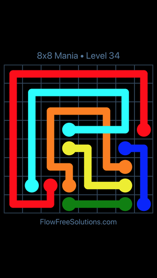 Solution and Answer to the Puzzle for Flow Free: Bridges 8x8 Mania Level 34