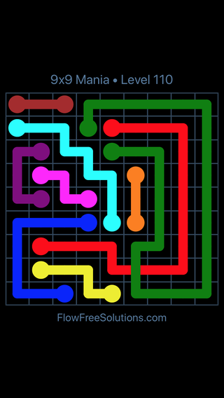 Solution and Answer to the Puzzle for Flow Free: Bridges 9x9 Mania Level 110