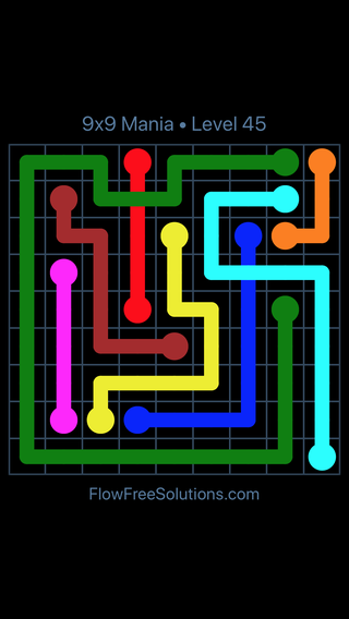 Solution and Answer to the Puzzle for Flow Free: Bridges 9x9 Mania Level 45
