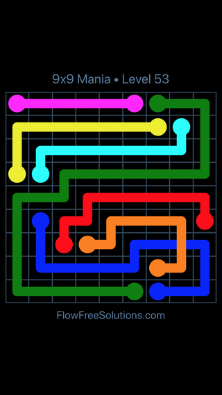 Solution and Answer to the Puzzle for Flow Free: Bridges 9x9 Mania Level 53