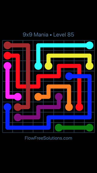 Solution and Answer to the Puzzle for Flow Free: Bridges 9x9 Mania Level 85