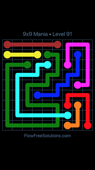 Solution and Answer to the Puzzle for Flow Free: Bridges 9x9 Mania Level 91