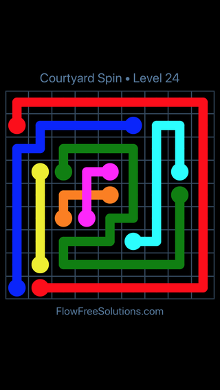Solution and Answer to the Puzzle for Flow Free: Bridges Courtyard Spin Pack Level 24