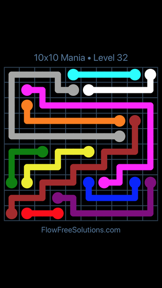 Solution and Answer to the Puzzle for Flow Free 10x10 Mania 10 X 10 Level 32