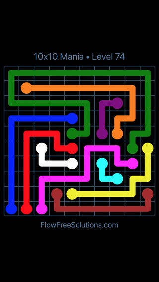 Solution and Answer to the Puzzle for Flow Free 10x10 Mania Level 74