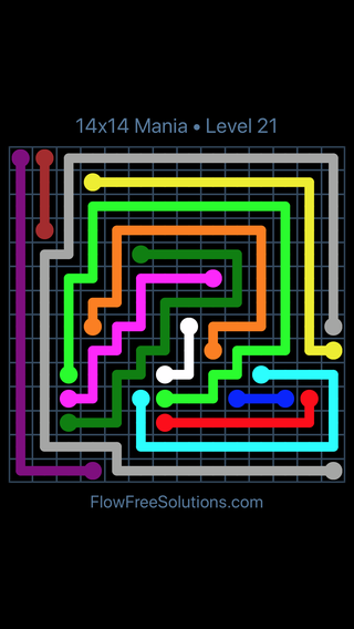 Solution and Answer to the Puzzle for Flow Free 14x14 Mania 14 X 14 Level 21