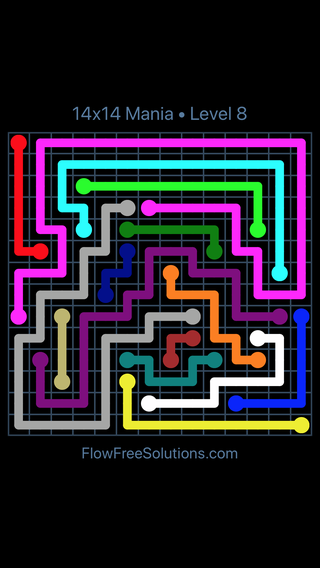 Solution and Answer to the Puzzle for Flow Free 14x14 Mania Level 8