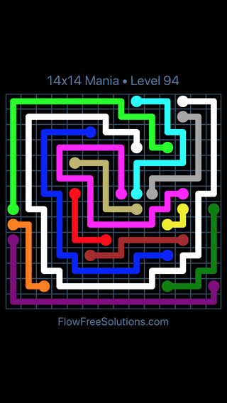 Flow Free 14x14 Mania 14 X 14 Level 94 Puzzle Solution and Answer