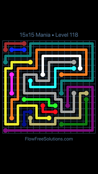 Solution and Answer to the Puzzle for Flow Free 15x15 Mania 15 X 15 Level 118