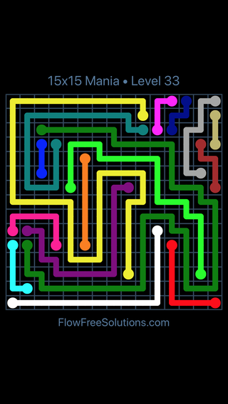 Solution and Answer to the Puzzle for Flow Free 15x15 Mania Level 33